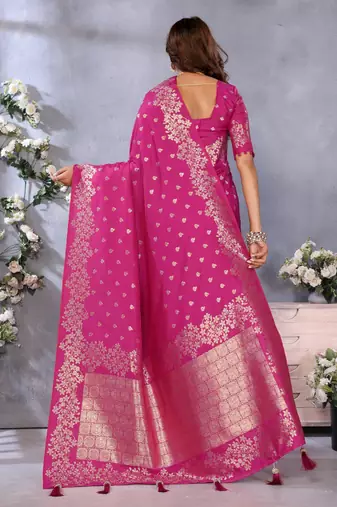 Rani pink banarasi tissue silk blend saree with gala weaving work
