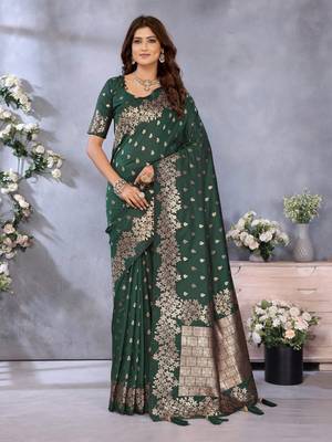 Dark green banarasi tissue silk blend saree with gala weaving work 1