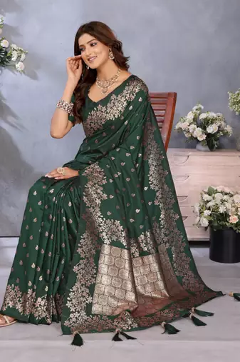 Dark green banarasi tissue silk blend saree with gala weaving work