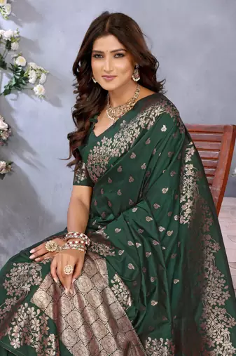 Dark green banarasi tissue silk blend saree with gala weaving work