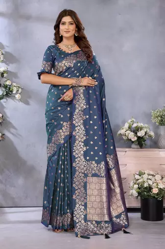 Dark navy blue banarasi tissue silk blend saree with gala weaving work