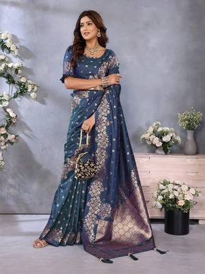 Dark navy blue banarasi tissue silk blend saree with gala weaving work 2