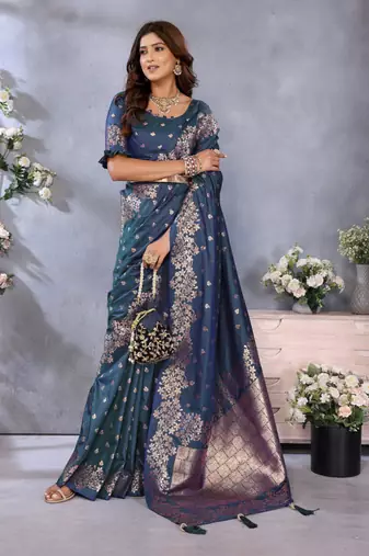 Dark navy blue banarasi tissue silk blend saree with gala weaving work