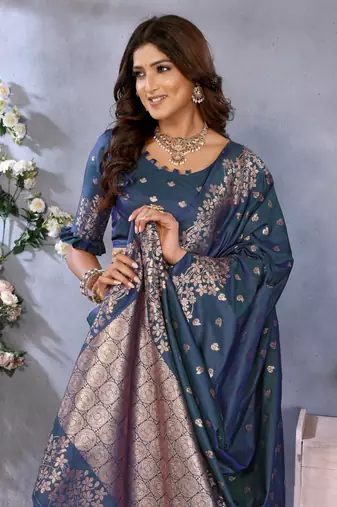 Dark navy blue banarasi tissue silk blend saree with gala weaving work