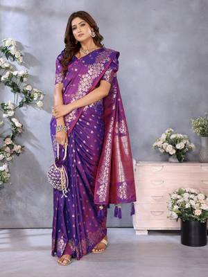 Purple banarasi tissue silk blend saree with gala weaving work 2