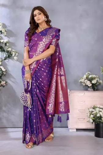 Purple banarasi tissue silk blend saree with gala weaving work