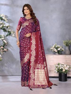 Maroon banarasi tissue silk blend saree with gala weaving work 1