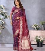 Maroon banarasi tissue silk blend saree with gala weaving work