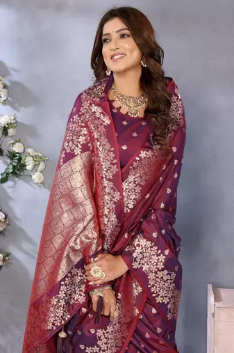 Maroon banarasi tissue silk blend saree with gala weaving work