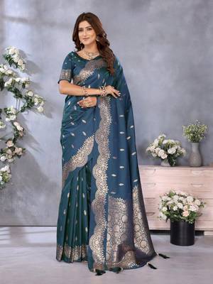 Blue banarasi tissue silk blend saree with gala weaving work 1