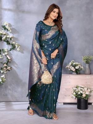 Blue banarasi tissue silk blend saree with gala weaving work 2