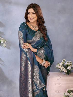 Blue banarasi tissue silk blend saree with gala weaving work 3