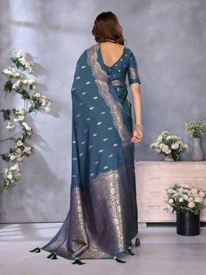 Blue banarasi tissue silk blend saree with gala weaving work 4