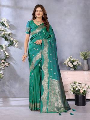 Green banarasi tissue silk blend saree with gala weaving work 1