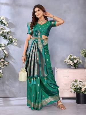 Green banarasi tissue silk blend saree with gala weaving work 2