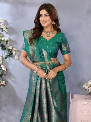 Green banarasi tissue silk blend saree with gala weaving work 3