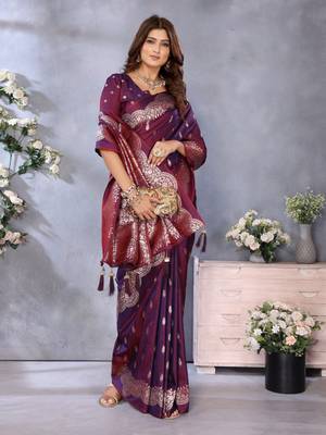Maroon banarasi tissue silk blend saree with gala weaving work 2
