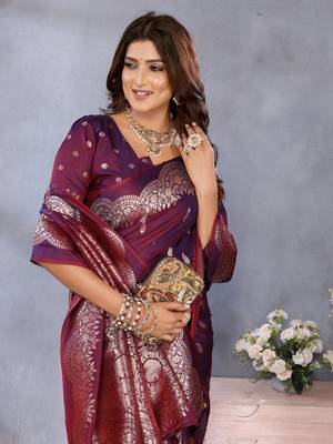Maroon banarasi tissue silk blend saree with gala weaving work 3
