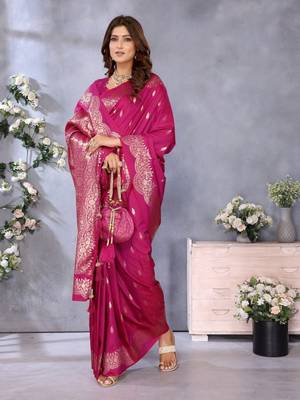 Pink banarasi tissue silk blend saree with gala weaving work 2