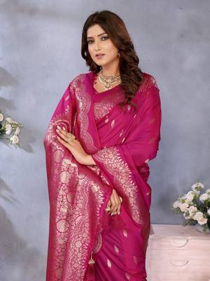 Pink banarasi tissue silk blend saree with gala weaving work 3