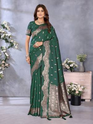 Dark green banarasi tissue silk blend saree with gala weaving work 1