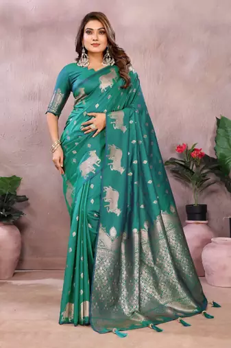 Green banarasi tissue silk blend saree with gala weaving work