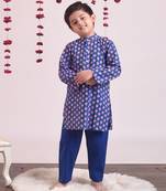 Blue woven cotton boys kurta pyjama set
