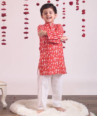 Red cotton woven boys kurta pyjama set 1