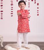 Red cotton woven boys kurta pyjama set