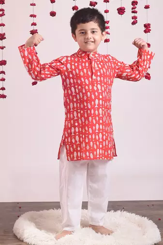 Red cotton woven boys kurta pyjama set