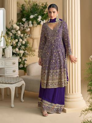 Purple embroidered georgette palazzo style salwar suit 1