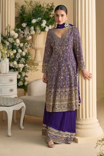 Purple embroidered georgette palazzo style salwar suit