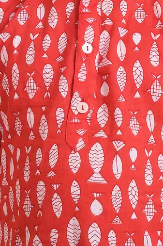 Red cotton woven boys kurta pyjama set