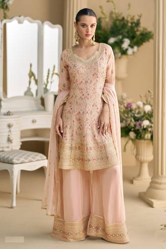 Peach embroidered georgette palazzo style salwar suit