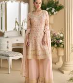 Peach embroidered georgette palazzo style salwar suit