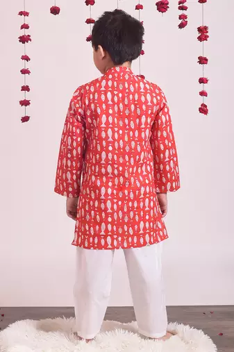 Red cotton woven boys kurta pyjama set
