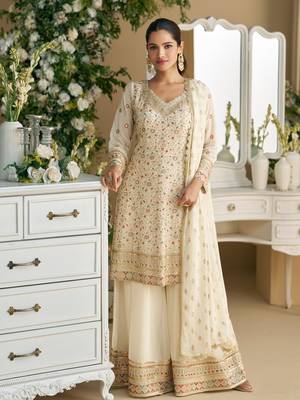 White embroidered georgette palazzo style salwar suit 1