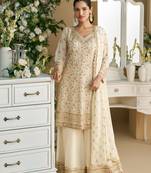 White embroidered georgette palazzo style salwar suit