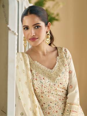 White embroidered georgette palazzo style salwar suit 2