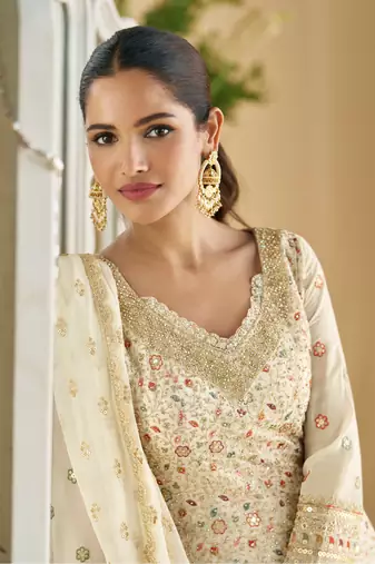 White embroidered georgette palazzo style salwar suit