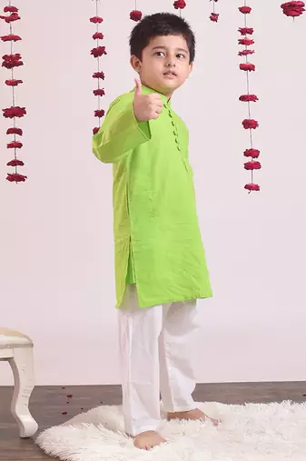 Green cotton woven boys kurta pyjama set