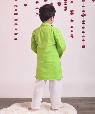 Green cotton woven boys kurta pyjama set 4