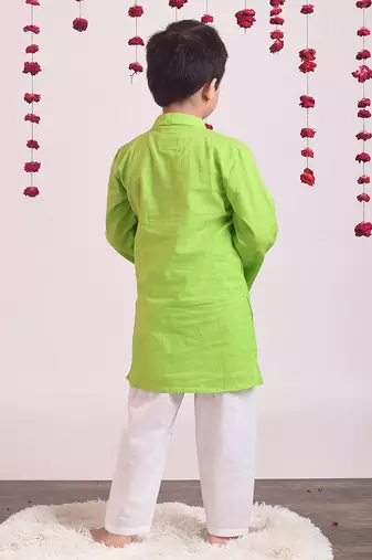 Green cotton woven boys kurta pyjama set