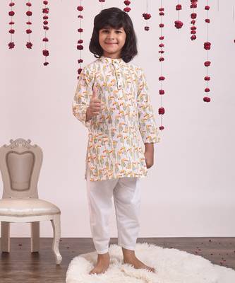 White cotton woven boys kurta pyjama set 1