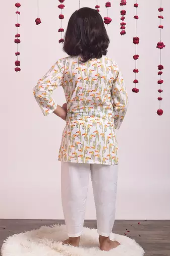 White cotton woven boys kurta pyjama set