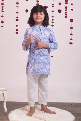 Blue cotton woven boys kurta pyjama set 1