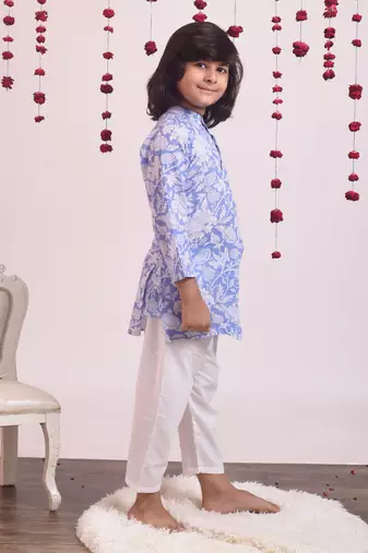 Blue cotton woven boys kurta pyjama set