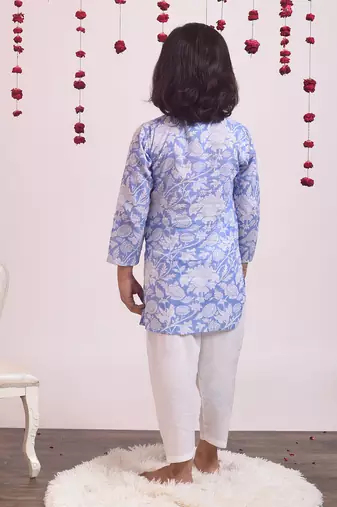 Blue cotton woven boys kurta pyjama set