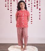 Red cotton woven girls top and pant set