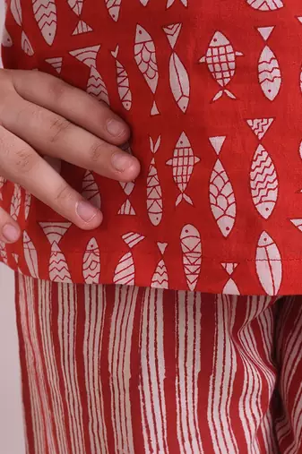 Red cotton woven girls top and pant set